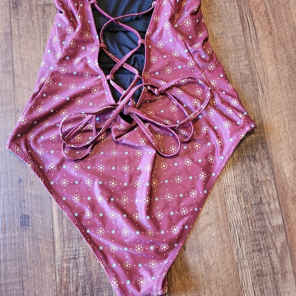 Cupshe Never Separate Burgundy Tribal Print Lace Up Back One-Piece Swimsuit - Picture 6 of 11